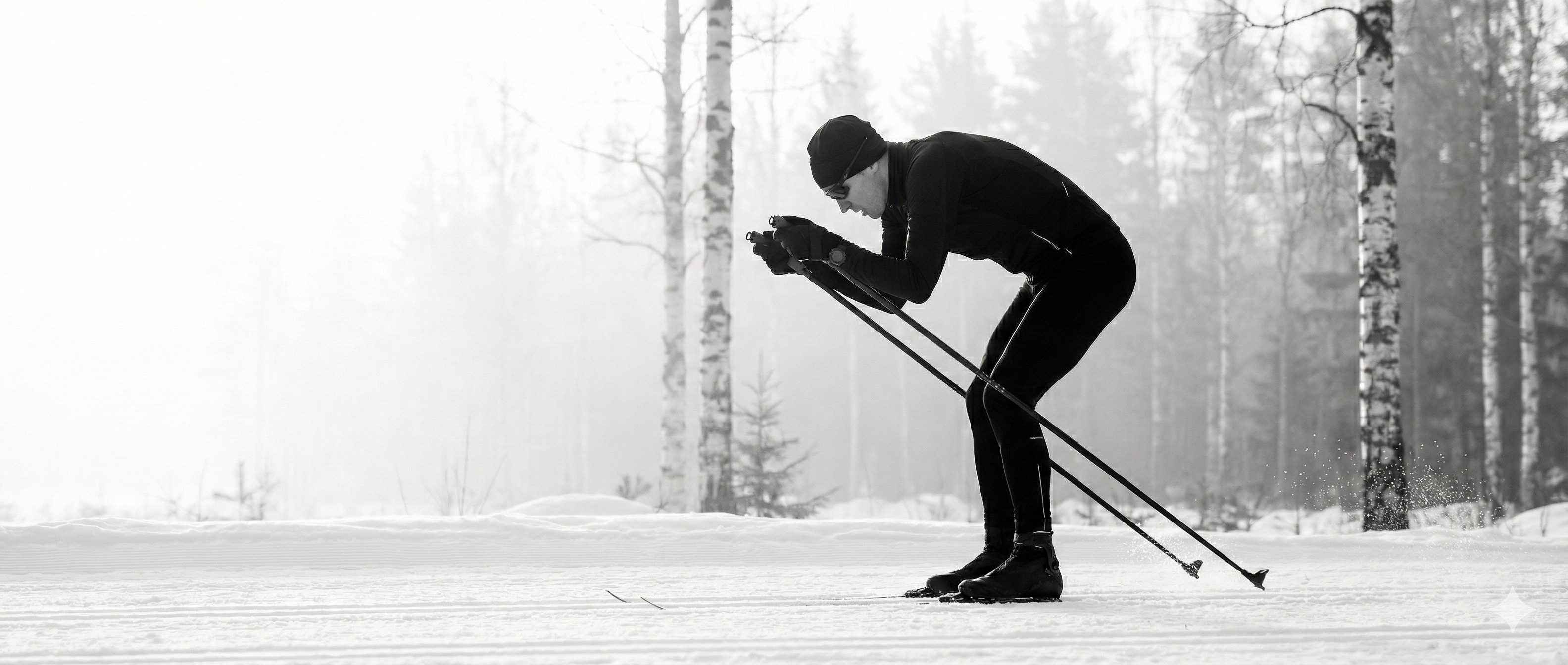 Elite cross-country skier double poling through Nordic winter landscape